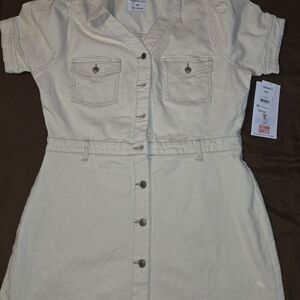 Beige Button-Down Denim Dress